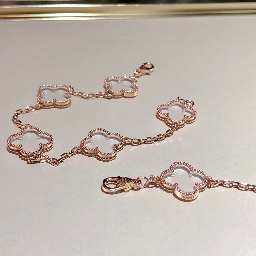 [Regalia jewelry]CLOVER 5 MOTIF ROCK CRYSTAL PINK GOLD BRACELET