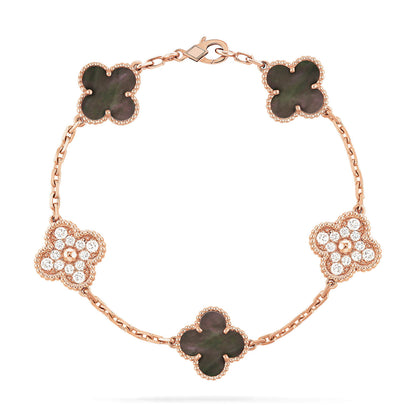 [Regalia jewelry]CLOVER 5 MOTIFS DARK MOP AND DIAMONDS PINK GOLD BRACELET