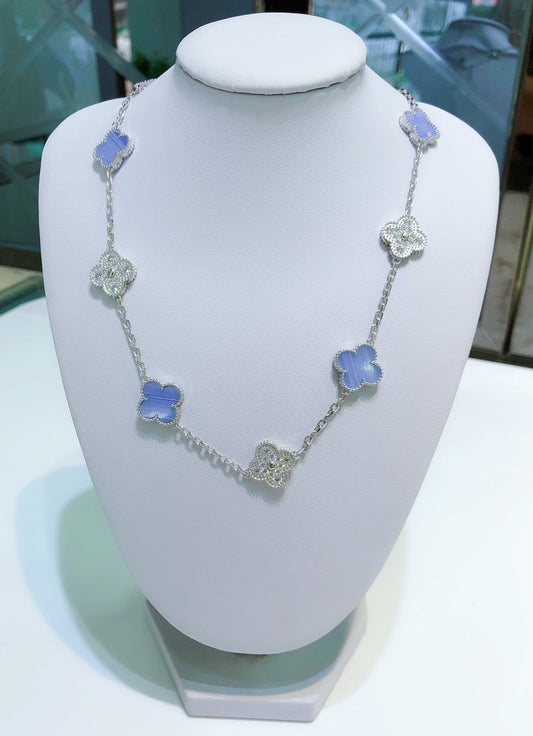 [Regalia jewelry]CLOVERS THE 10-MOTIFS CHALCEDONY DIAMONDS SILVER NECKLACE